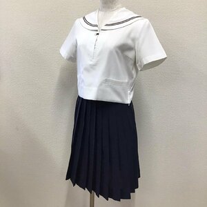 O25/Y(中古)山形県 山形西高校 女子制服2点 /小さめ/S/W60/夏セーラー/夏スカート/茶2本ライン/紺/ONUMA/夏服/中学校/女子学生/学生服