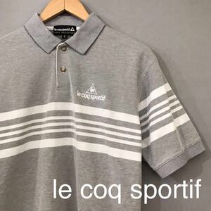 【良品】 ルコックスポルティフ le coq sportif ゴルフ ドライポロシャツ 半袖 グレー ボーダー ホワイト ロゴ 刺繍 メンズ Sサイズ ～◇