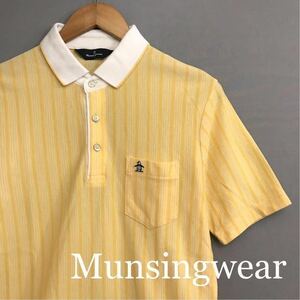 【美品 良品】マンシングウェア Munsingwear ゴルフ ドライポロシャツ 半袖 鹿の子 イエロー ストライプ メンズ Mサイズ ～◇