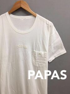 【美品】パパス Papas Tシャツ 半袖 丸首 ホワイト ロゴ ワッペン ポケット シンプル メンズ Mサイズ 綿100% 日本製 ～◇