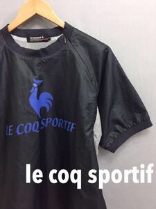 【美品】 ルコック le coq sportif ゴルフ ウィンドジャケット半袖 丸首 ブラック サイドジップ ビッグロゴ ブルー メンズ M ～◇