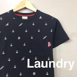 【美品・良品】ランドリー Laundry Tシャツ マリン 総柄 イカリ 半袖 綿100% 丸首 ネイビー メンズ 男性用 Sサイズ ♭★