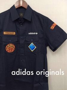 [ beautiful goods superior article ] Adidas Originals adidas work shirt short sleeves navy badge Safari Logo to ref . il men's S size ~*
