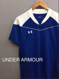 【美品 】アンダーアーマー UNDER ARMOURトレーニングウェア 半袖 Ｔシャツ ブルー ロゴ プリント ホワイト サッカー メンズ Lサイズ ～◇