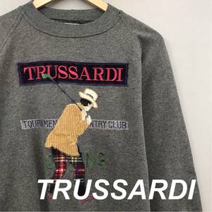 【希少・レア】 トラサルディ TRUSSARDI オールド イタリア製 刺繍 スウェット トレーナー アップリケ 丸首 裏起毛 グレー メンズ ￡▼