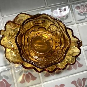 昭和レトロ ぶどう模様 ガラス カフェ雑貨 カップ＆ソーサー Vintage heat resistant glass cup and saucer amber grape Cubist Glassesの画像3