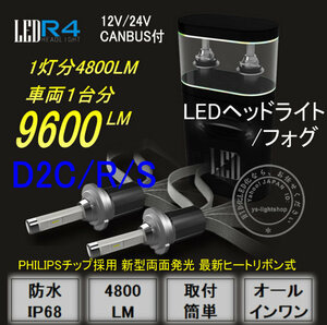 【CANBUS付】PHILIPSチップR4新型両面発光 ヒートリボン式 LEDヘッドライト/フォグ12V/24V D2C/R/S大光量合計9600LM 6000K