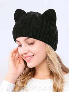 新品 ニット帽 猫 耳付き 帽子 ブラック 黒 ネコミミ 暖か ファッション雑貨 小物 ニットキャップ ニット帽子 ニット帽