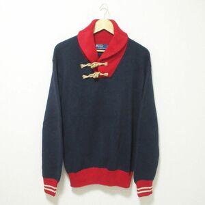 ほぼ美品 POLO by RALPH LAUREN ポロバイラルフローレン 長袖 トグルボタン ニット セーター LL ネイビー×レッド 903