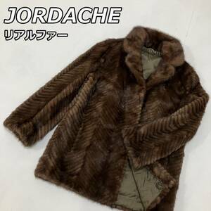 【JORDACHE】リアルファー MINK ミンク? 本毛皮 ショールカラー フロントホック式 ハーフコート ヘリンボーン ジャケット 茶 ブラウン