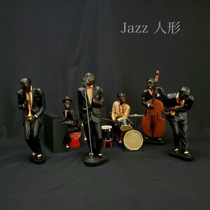 【宝蔵】黒人 ジャズバンド JAZZ 人形 音楽 置物 6体 大サイズ 約50㎝ アンティーク 黒スーツ フィギュア ディスプレイ インテリア