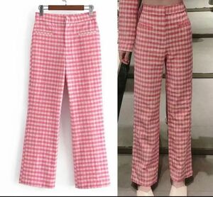ピンク　ギンガムチェック柄　パンツ　韓国　レトロ　ファッション