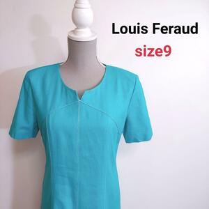 Louis Feraud コットン素材・半袖ワンピース 9号 M エメラルドグリーン キーネック 白ステッチ ルイフェロー80338