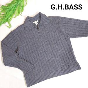 G.H.BASS ハーフジップ・リブ編みポロニット・グレー・襟付き 表記M 実質L あぜ編み80045