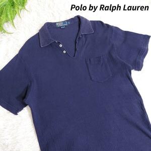 Polo by Ralph Lauren サーマル生地・半袖ポロシャツ ネイビー ワッフル生地 よく伸縮 表記サイズM 実質L ラルフローレン82172