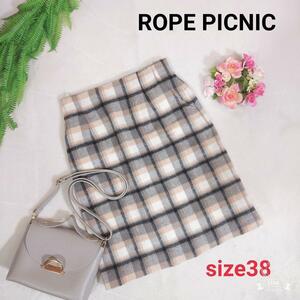 ROPE PICNIC ウール混・チェック柄・起毛素材スカート・膝丈 表記サイズ38 M 黒&グレー&ピンクが弱めのサーモンピンク79990