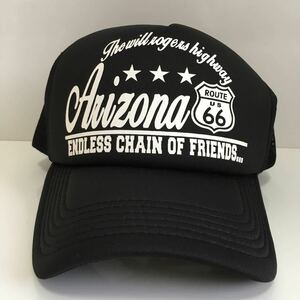 672 未使用 ROUTE66 ルート66 Arizona アリゾナ メッシュ キャップ 帽子 ハーレー バイク アメカジ プリントロゴ ブラック 黒