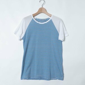 メール便○ Sunspel サンスペル ボーダー柄 Tシャツ 半袖 総柄 トップス Sサイズ 綿100% コットン ホワイト ブルー 白 青 カジュアル 春夏