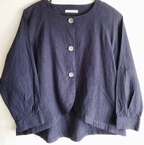 dark blue オフショルダーフレアジャケット　cotton50%linen50% color dark blue 未使用　Autumn SALE