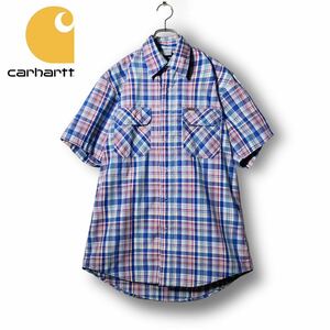 【極美品】★Carhartt カーハート★マドラスチェック柄ワークシャツ★総柄 ワンポイントロゴ sizeM レッド 赤 ブルー 青 半袖 S/S 羽織り