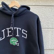 90s USA製 ヘビーウエイト スウェットパーカー 黒 ブラック NFL JETS LOGO 7 アメリカ製 古着 vintage ヴィンテージ Mサイズ 刺繍 アメフト_画像3