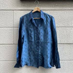 USED USA古着 ネイビー 紺色 長袖シャツ 総柄シャツ オープンカラー シルクシャツ アメリカ古着 vintage ヴィンテージ レディース チャイナ