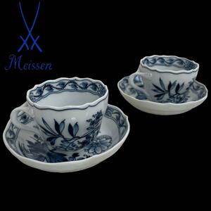 【極美品】MEISSEN　マイセン　ブルーオニオン　デミタスカップ&ソーサー2客　箱付き