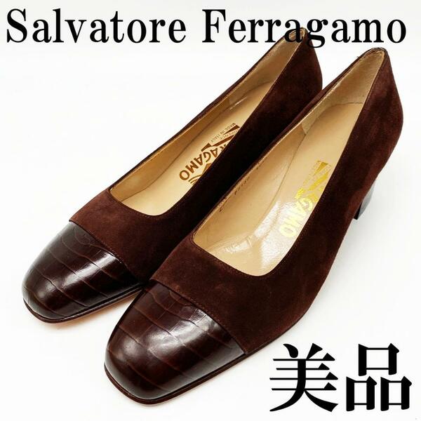 送料無料★【美品】Salvatore Ferragamo パンプス スエードダークブラウン