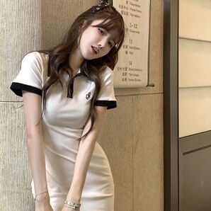 新品タグ付き GLAMOROUS JANE 配色レースアップポロワンピース ミニワンピース Tシャツワンピ ホワイト 白 Tシャツ