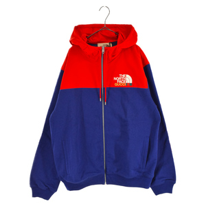 グッチ 21AW×THE NORTH FACE ナイロン切り替え ジップアップフーディー スウェット 671462 XJDRN ブルー/レッド