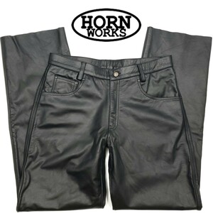 希少ビッグサイズW36◆HORN WORKS◆レザーパンツ黒ブラック本革ホーンワークス本皮ライディング革パンツ大きいメンズライダース 644