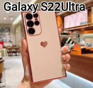 Galaxy S22 Ultraケース　ピンク　ハート　ふちどり　メッキ風　可愛い