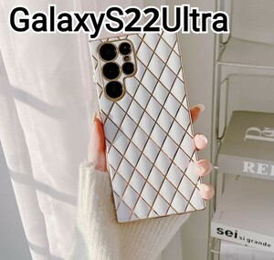 Galaxy S22 Ultra ケース　ホワイト　白　ふちどり　メッキ風 　格子柄