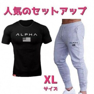 Tシャツ×スウェットジョガーパンツセットアップメンズジムウェアXLサイズ黒グレー