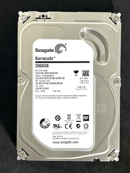 【送料無料】 ★ 2TB ★　ST2000DM001　/　Seagate　【 使用時間：923 ｈ 】稼働少 3.5インチ内蔵HDD SATA　ST2000DM001-1CH164　FW: CC47