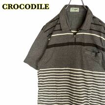 CROCODILE クロコダイル　半袖シャツ　ボーダー　ワニ刺繍　グレー系　メンズ　Lサイズ　【AY1324】_画像1