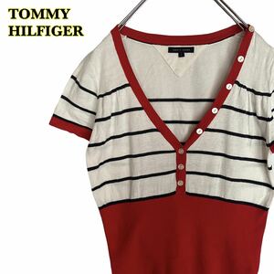 TOMMY HILFIGER トミーヒルフィガー　半袖ニット　Vネック　ボーダー　レディース　Lサイズ　【AY1326】