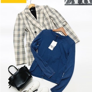 2セット /XS/ ZARA ネイビー ロンティ アイボリーチェック ダブルジャケット レディース タグ カジュアル トップス デイリー ザラ