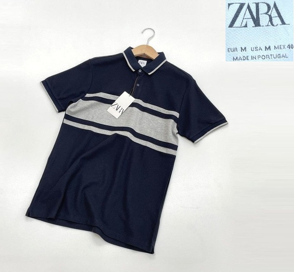 未使用品 /M/ ZARA ネイビー ポロシャツ メンズ レディース タグ カジュアル ゴルフ アウトドアキャンプ 紺トップスボーダー デイリー ザラ