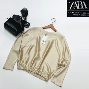 未使用品 /M/ ZARA ゴールド 長袖ブラウス レディース タグ カジュアル トップス 通勤サテンフェミニン 大人可愛い ガーリー デイリー ザラ