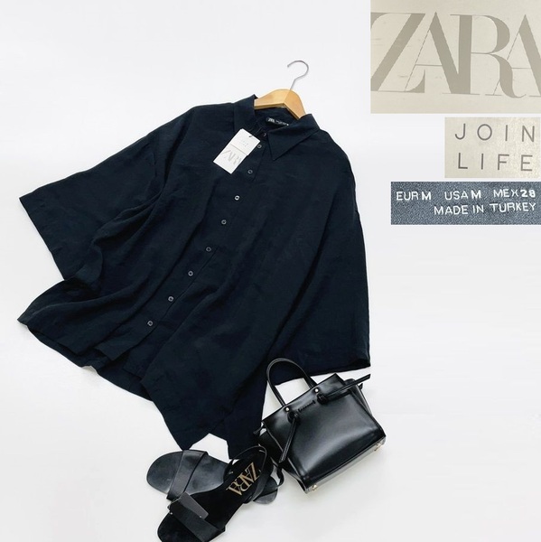 未使用品 /M/ ZARA ブラックフローティングシャツ レディース タグ カジュアル オーバーサイズトップス フェミニン大人可愛いデイリー ザラ