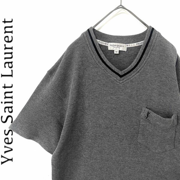 【送料無料】YVES SAINT LAURENT イブサンローラン　ワッフルTシャツ　メンズ　ロゴ刺繍　ポケット　ワンポイント　M 半袖　ysl