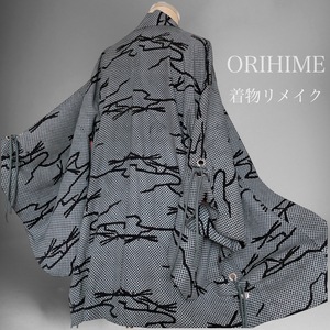 [ kimono remake woven .R ] small .. feeling eminent! eyelet tuck Vintage feather woven sleeve length 64cm width of a garment 62cm dress length 76cm KIMONO JAPAN * including in a package possible *z5902