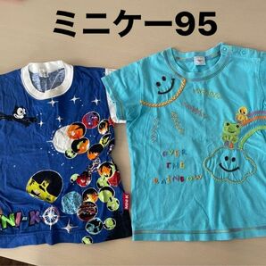 ミニケー半袖Tシャツ2枚セット♪サイズ95 フィリックス紺色系　動物刺繍水色　★