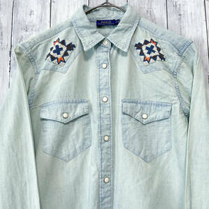  Ralph Lauren Ralph Lauren western shirt beads Denim shirt long sleeve shirt lady's cotton 100% S size 3-818