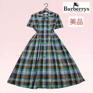 美品　バーバリーズ　BURBERRY 光沢　チェック柄　ロング　シャツワンピース　ウエストゴム　サイズ7AP ロゴ入りボタン