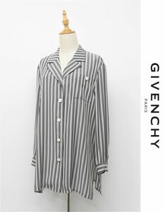 C304/美品 GIVENCHY 長袖ブラウス シャツ 羽織り ストライプ サイドスリット 薄手 42 XL グレー 大きいサイズ