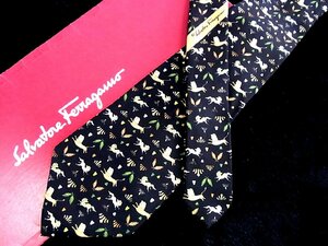 ♪今週の特売980円～♪2300♪良品【Ferragamo】フェラガモ【ライオン 馬 動物 葉っぱ 植物 柄】ネクタイ♪