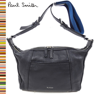 定価4.1万 良品！ポールスミス ロゴプレート 牛革 オールレザー ダブルZIP ショルダーバッグ 黒 ■Paul smith本革