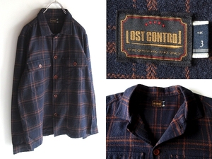 未使用 極美品 LOST CONTROL ロストコントロール ヘリンボーン チェック ネルシャツ ワークシャツ 3 紺 茶 元ケルト&コブラ CELT&COBRA